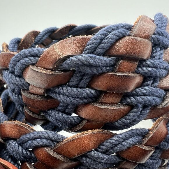 Mens Tuttle Woven Braided Leather Cord Belt Navy Brown Italy Gold Buckle 44 - Picture 2 of 7